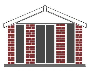 Front view of a single-story brick house with a white gabled roof and tall glass doors/windows