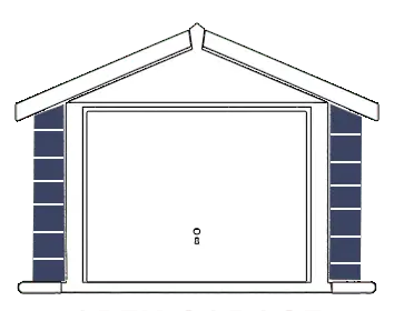 Front view of a small blue garage with white trim and a closed white garage door featuring a small circular handle in the center.
