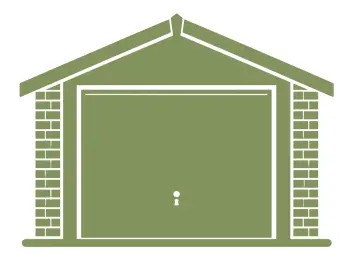 Stylized green garage door framed by brick columns and a pitched roof.