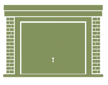 Olive-green fireplace with a central framed firebox, brick side columns, and a simple mantel.