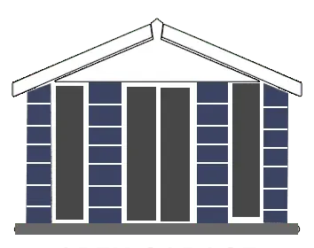 Front view of a small blue cottage with a white-trimmed gabled roof and four tall, dark-framed windows.