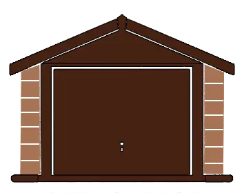 Brown garage door with brick pillars and a peaked brown roof, a small central handle visible.
