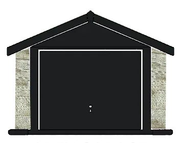 Front view of a small garage with a dark door and stone pillars on either side