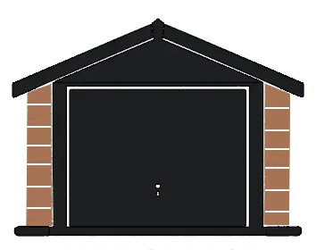 Front view of a closed black garage door framed by brick pillars under a sloped, gabled roof.