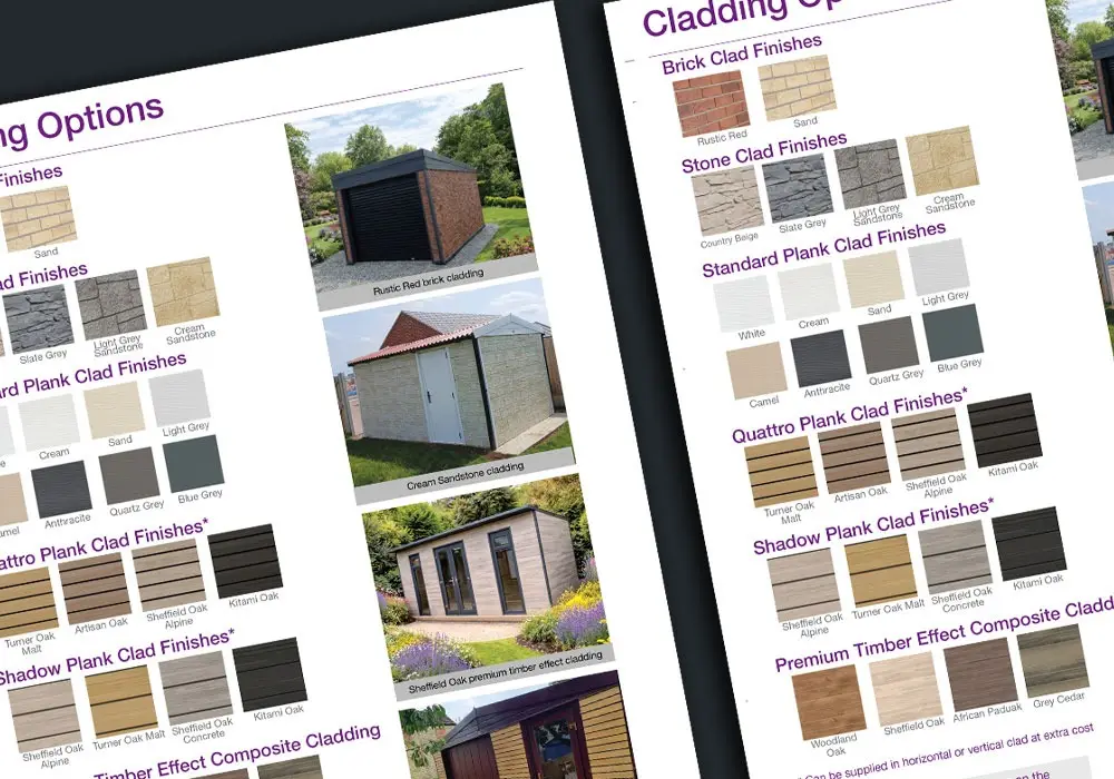 insulated-gswatches - All Seasons Steel Buildings Catalog-style page showing brick, stone, and timber cladding swatches with photos of small buildings as examples of finishes.