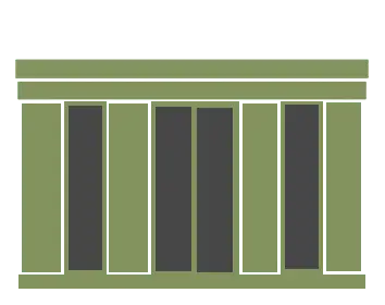 Front view of a neoclassical temple with seven tall columns supporting a horizontal frieze and a shallow pediment.