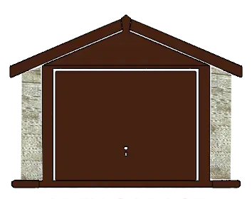 Brown garage door framed by stone pillars under a peaked roof on a residential garage façade.