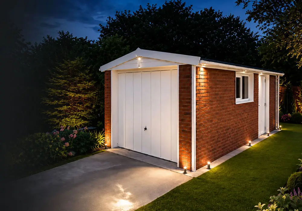 STEEL-GARAGE-MPB - All Seasons Steel Buildings Brick detached garage at dusk with white double doors and warm exterior lighting along the foundation in a landscaped yard.