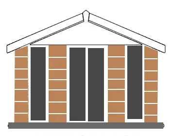 Front view of a small brick building with a white pitched roof and three tall dark glass doors separated by brick columns.