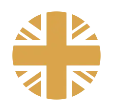 Orange circular emblem featuring a bold cross with sunburst-style triangular segments around the edges.