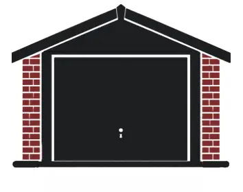 Closed garage door framed by red brick columns under a peaked roof, the door is dark and shut.