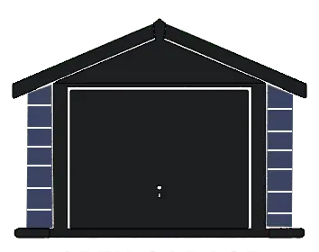 Illustration of a closed dark garage door framed by blue brick columns and a pitched roof above.
