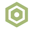 Logo: two green hexagons with an inner hexagon and a center dot in olive and lime tones.