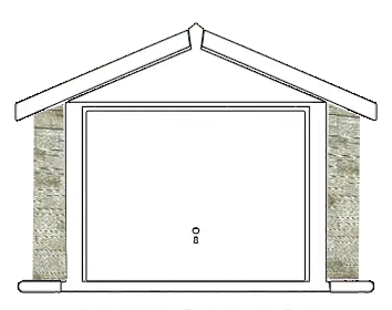 Front view of a small stone-faced garage with a white sloped roof and a closed white garage door.