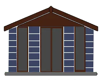 Front view of a small house with a brown gabled roof, blue brick walls, and a central door flanked by two tall windows.