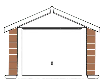 Front view of a closed white garage door, brick pillars on both sides, and a pitched roof.