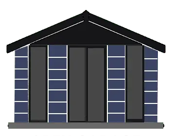 Front view of a modern house with a black gabled roof, dark vertical columns, and blue brick panels between them.