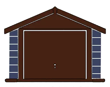 Illustration of a brown garage door framed by blue brick pillars and a brown gabled roof.