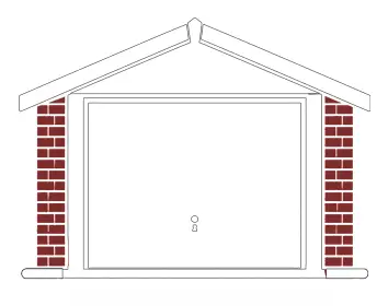 White garage door framed by brick pillars and a peaked roof, with a small round handle in the center.