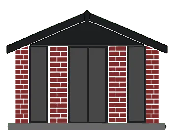 Front view of a brick house with a dark pitched roof and tall glass doors framed by brick columns.
