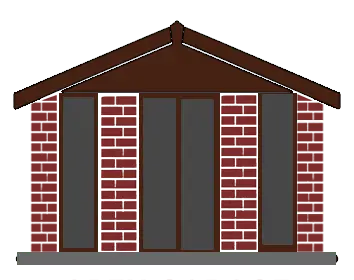 Front view of a small brick house with a brown gabled roof, tall glass doors, and brick columns on a gray base.
