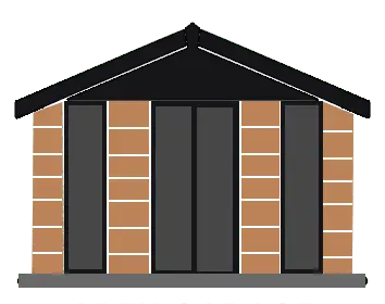 Front view of a brick house with a dark roof and tall black-framed doors/windows.