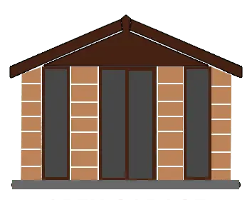 Brick storefront with a brown gabled roof and four tall dark glass panels (doors/windows) at the front on a gray base.